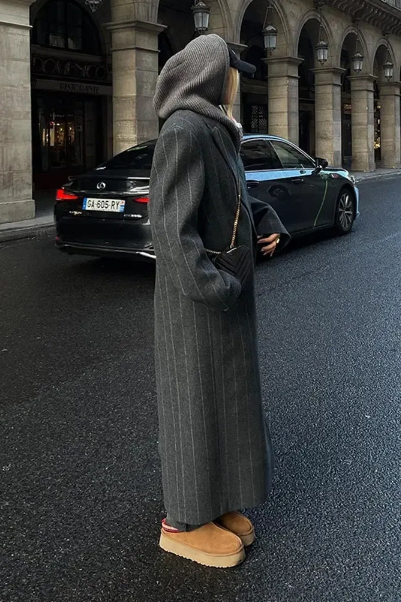 Lapel Striped Oversize Full Sleeve Long Coat