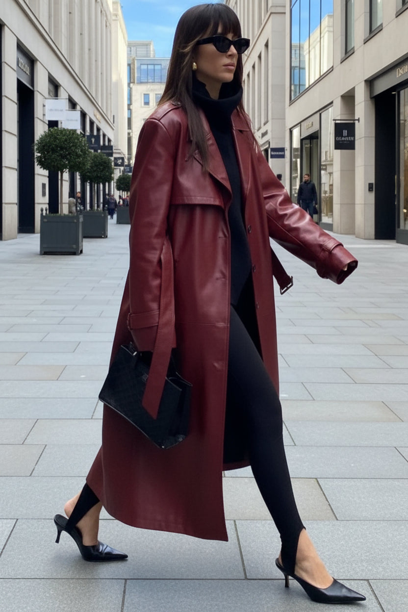 Waist-Tied City Chic Leather Coat