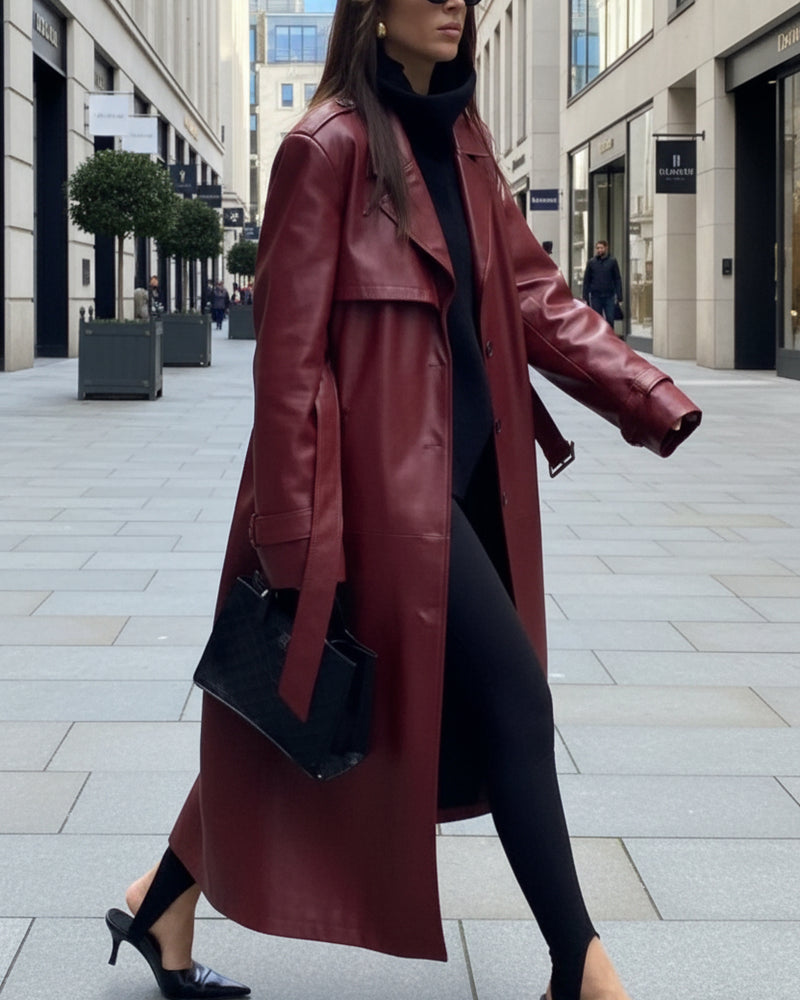 Waist-Tied City Chic Leather Coat