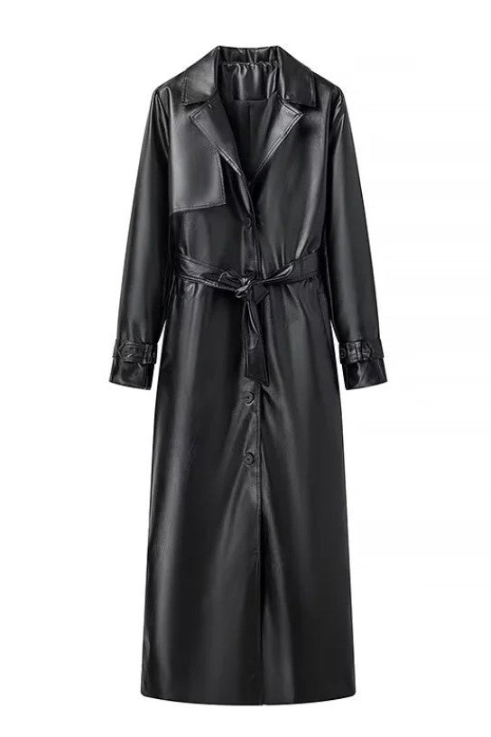 Waist-Tied City Chic Leather Coat