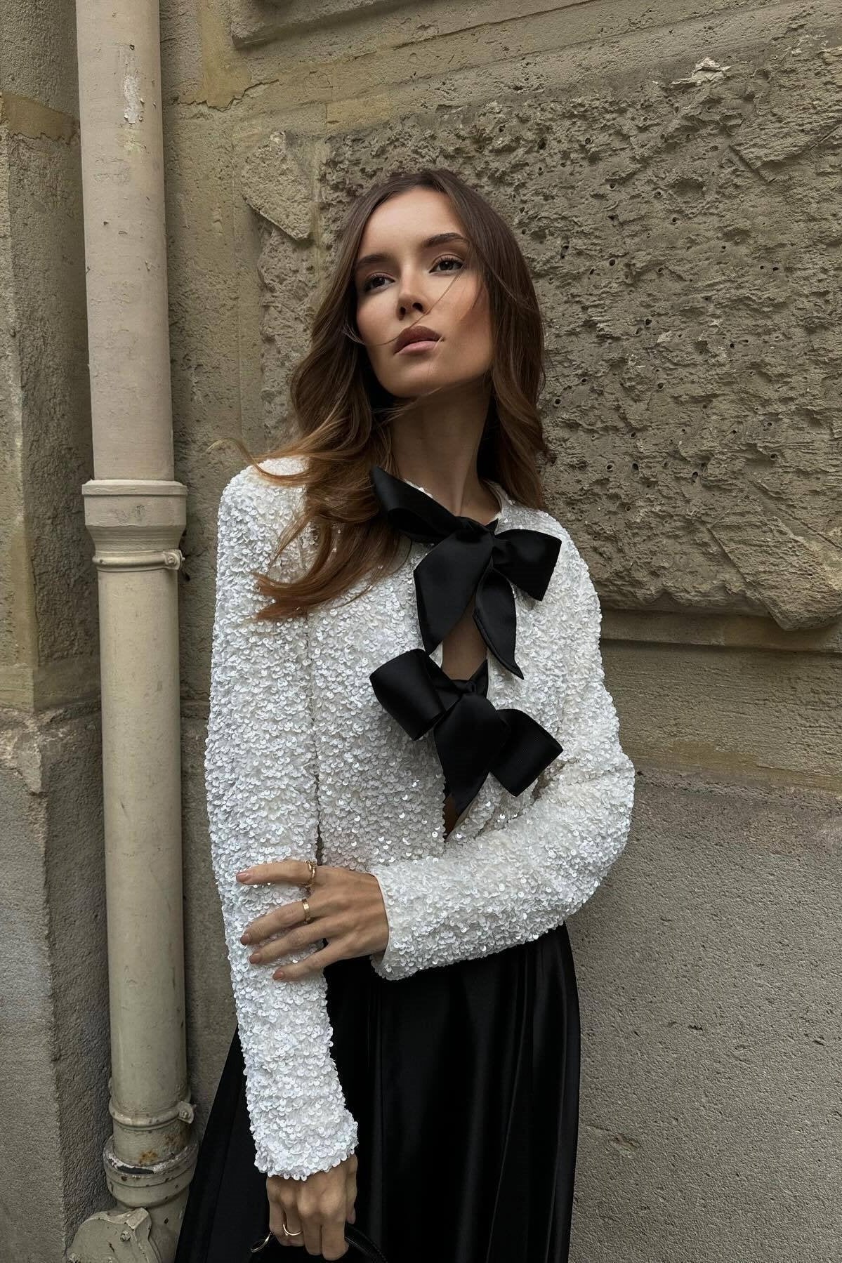 Cara Bow-tie Sequins Coat