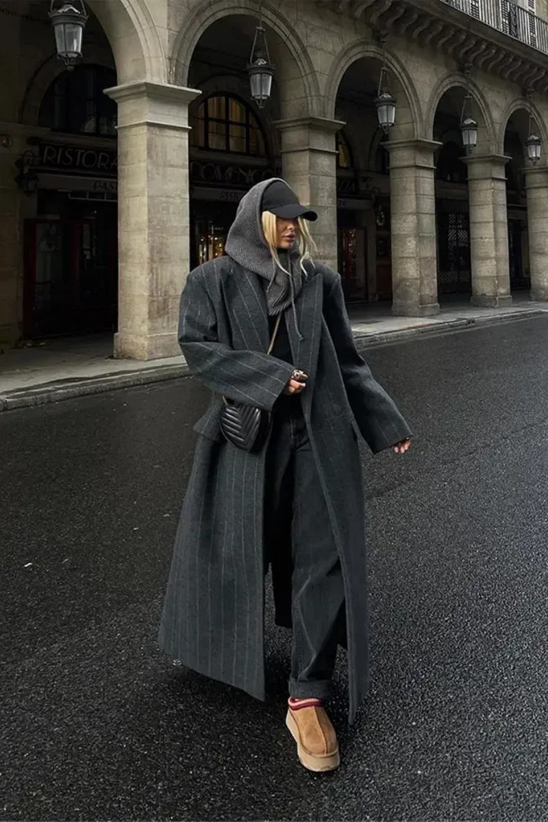 Lapel Striped Oversize Full Sleeve Long Coat