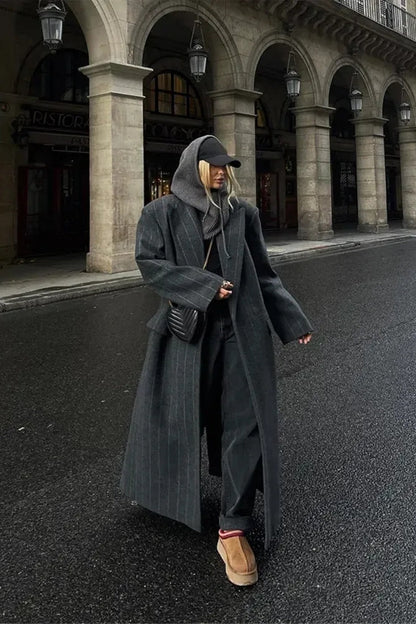 Lapel Striped Oversize Full Sleeve Long Coat