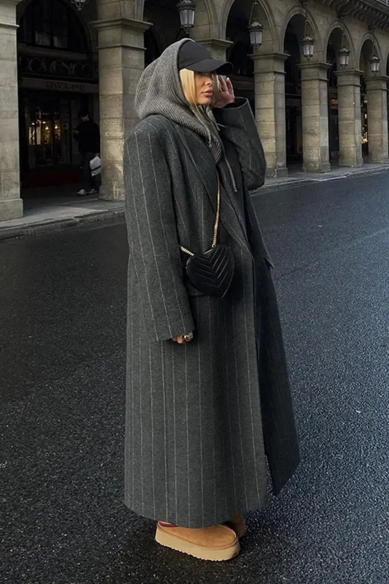 Lapel Striped Oversize Full Sleeve Long Coat
